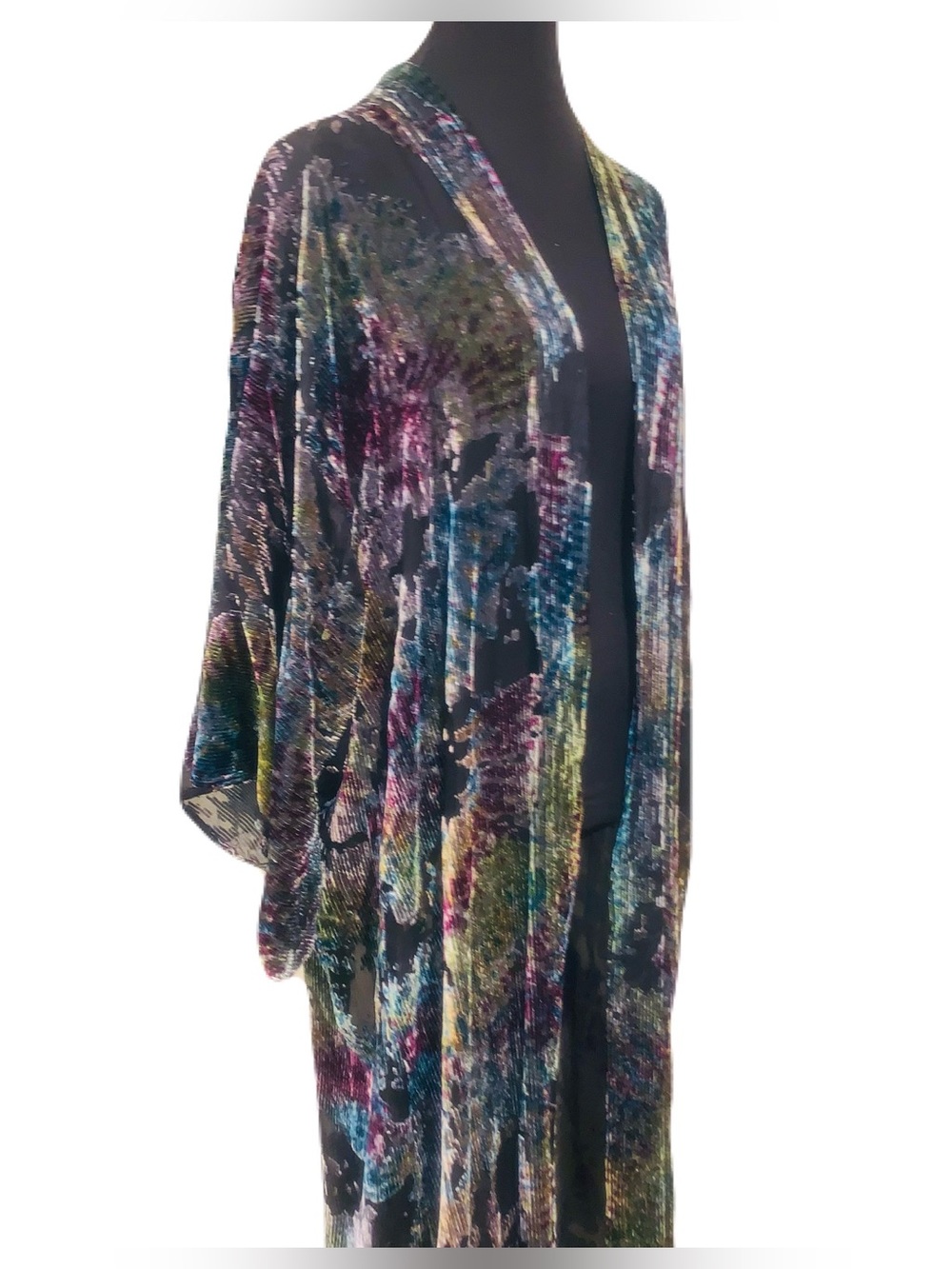 Vintage Adrienne Landau Multicolor Velvet Burnout Kimono / Duster Coat